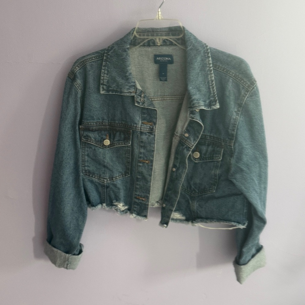 Arizona Jean Company Cropped Light Blue Distressed Denim Jacket